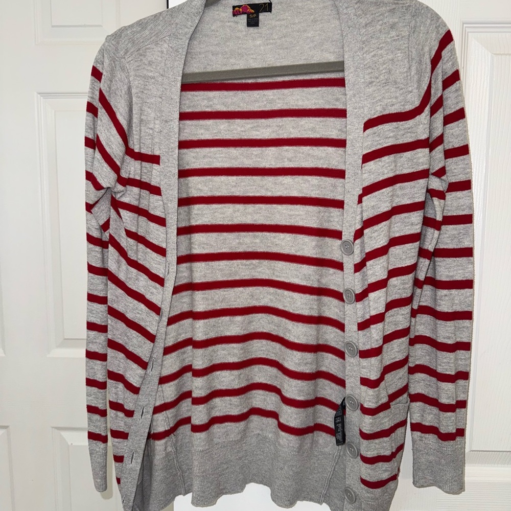 Gray and Red Striped Cardigan
